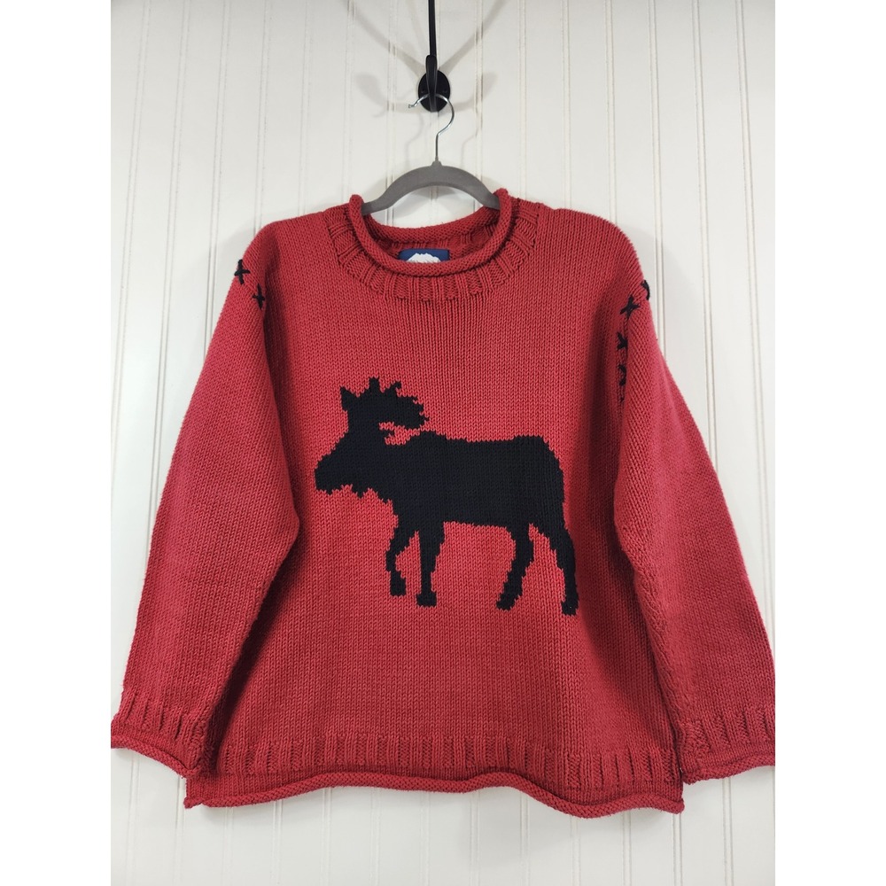 Vintage Rey Wear Women's Hand Knitted‎ Red Moose Sweater Size S Chunky Knit Cozy